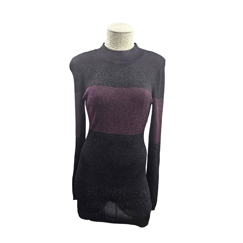 White House Black Market Sweater Dress Women M Purple Black Metallic Stripe Mock